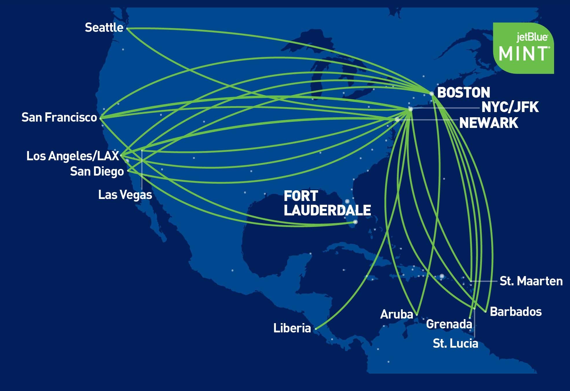 graphic of JetBlue Mint routes